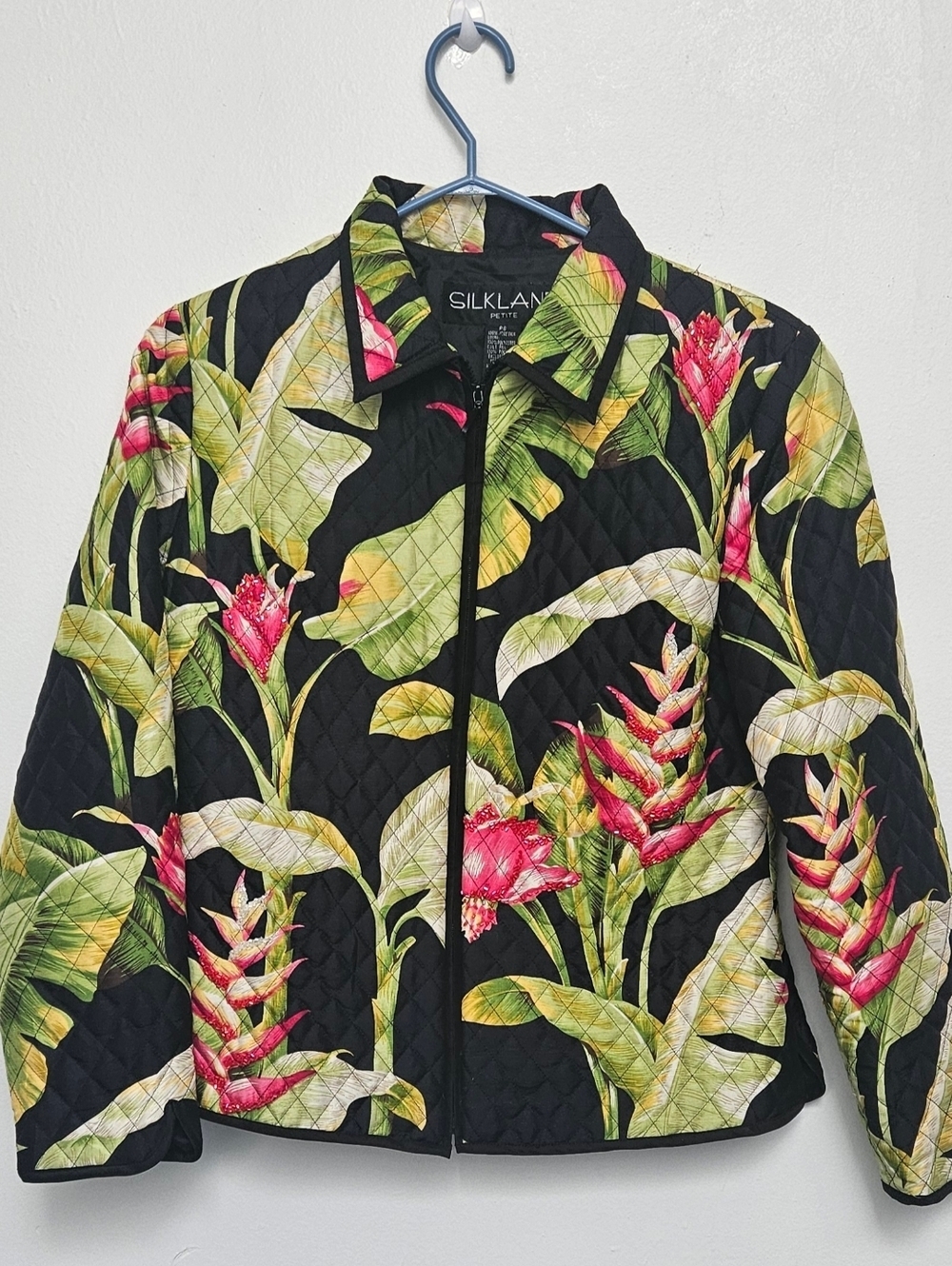 Silkland Jacket 100% Sill Womens P Small Quilted Floral Foliage Beaded Flowers - Picture 2 of 13